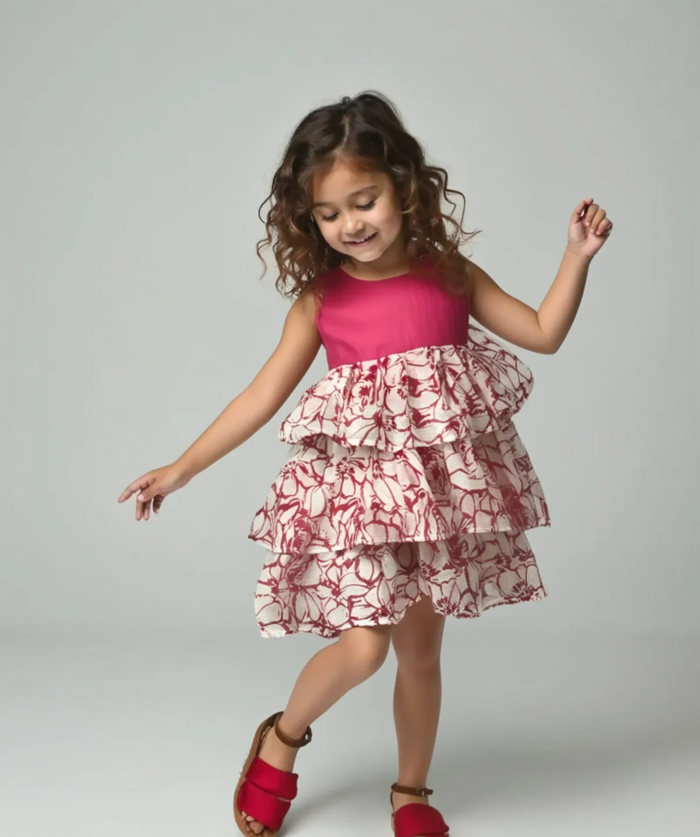 წითელ ყვავილებიანი კომბინირებული კაბა